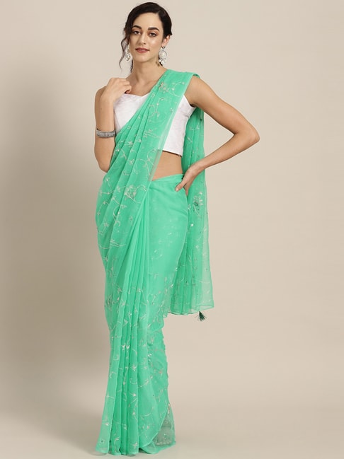 Geroo Jaipur Green Hand Embroidered Pure Chiffon Saree Price in India