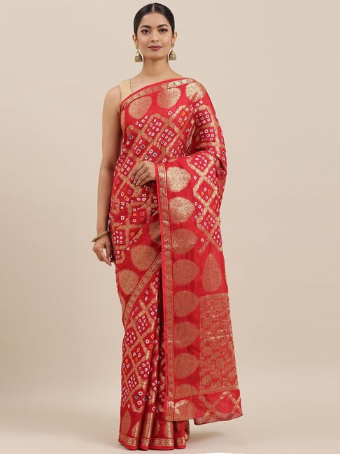Geroo Jaipur Hand Dyed Red Gharchola Bandhani Silk Saree Price in India