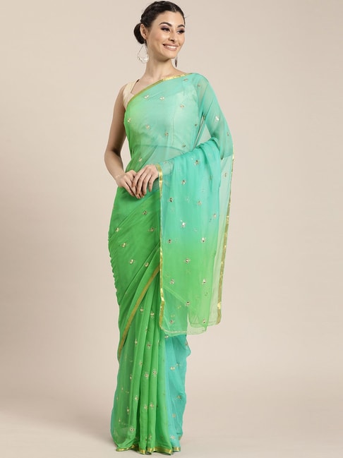 Geroo Jaipur Green Gota Patti Pure Chiffon Saree Price in India