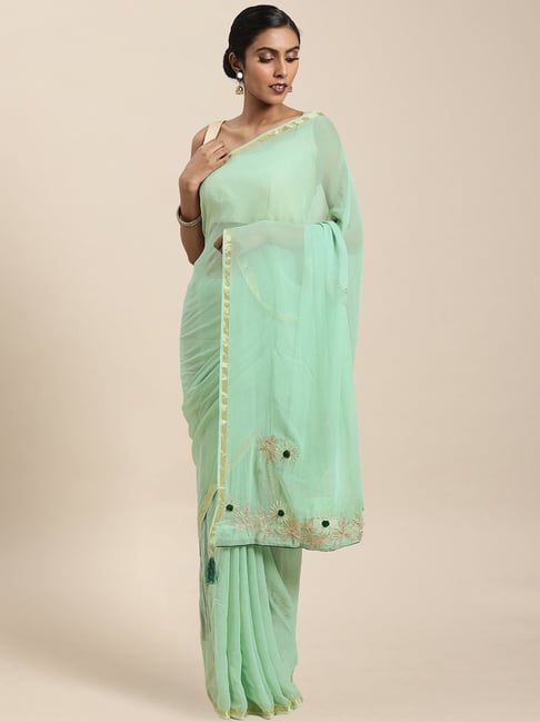 Geroo Jaipur Green Gota Patti Hand Embroidered Georgette Saree Price in India