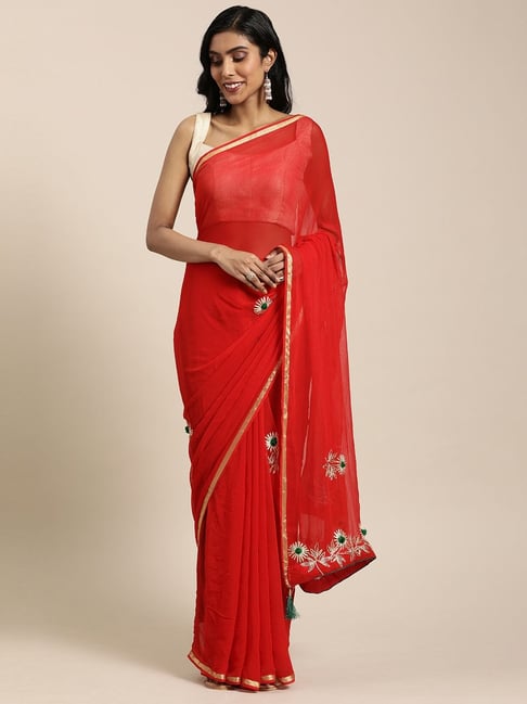 Geroo Jaipur Red Gota Patti Hand Embroidered Pure Georgette Saree Price in India