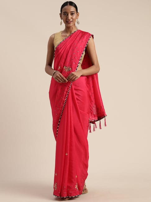 Party Wear Pink Georgette Heavy Gota Patti Paper Work Saree | Ethnicroop