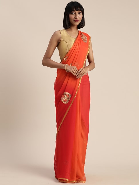 Geroo Jaipur Red & Orange Gota Patti Hand Embroidered Pure Chiffon Saree Price in India