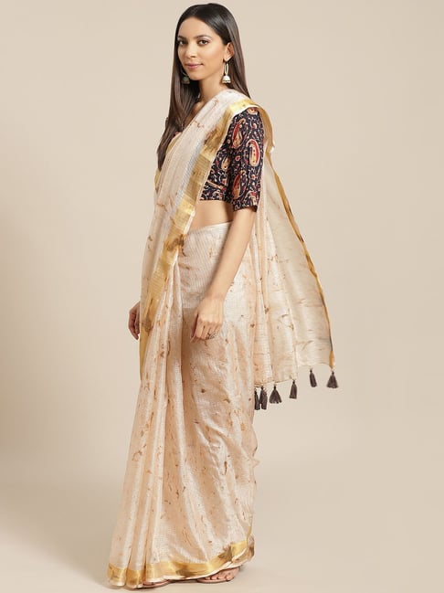 Geroo Jaipur Hand Dyed Beige Kota Silk Saree with Hand Block Print Blouse Price in India