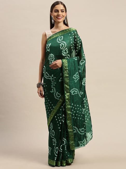 Geroo Jaipur Hand Dyed Green & Pink Bandhani Silk Saree Price in India