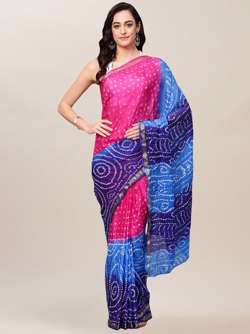 Geroo Jaipur Hand Dyed Blue & Pink Bandhani Silk Saree Price in India