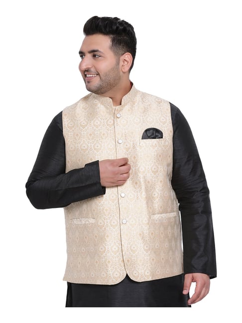 Manyavar Men Beige Woven Design Nehru Jacket with Pocket Square -  Absolutely Desi