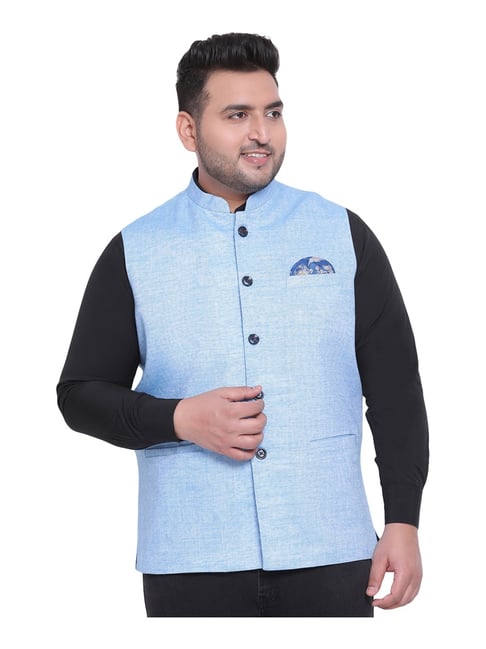 Art Silk Nehru Jacket Set In Sky Blue Color