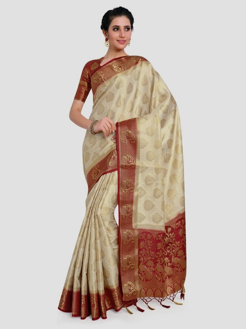 Mimosa Off-White & Maroon Woven Kanchipuram Saree With Unstitched Blouse Price in India