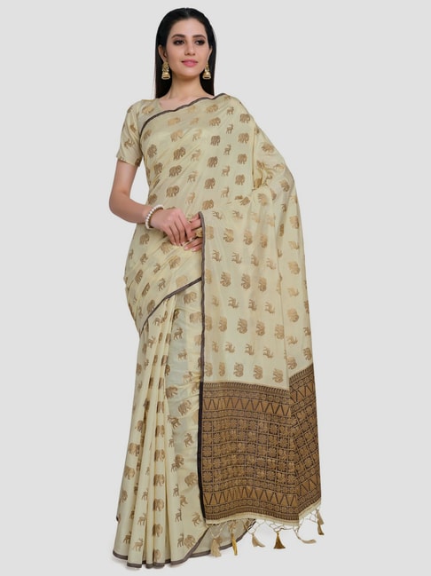 Mimosa Off-White Woven Kanchipuram Saree With Unstitched Blouse Price in India
