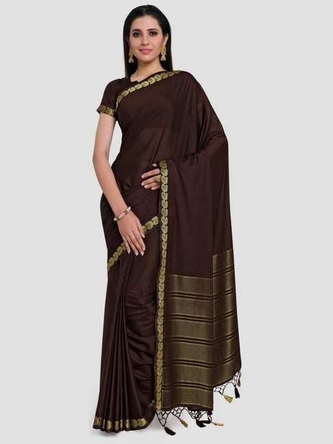 Mimosa Brown Mysore Silk Saree With Unstitched Blouse Price in India