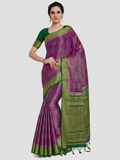 Mimosa Purple & Green Woven Kanchipuram Saree With Unstitched Blouse Price in India