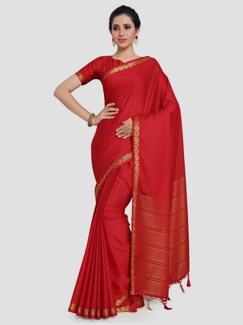 Mimosa Red Mysore Silk Saree With Unstitched Blouse Price in India