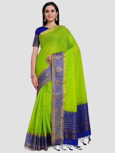 Mimosa Green Linen Banarasi Saree With Unstitched Blouse Price in India