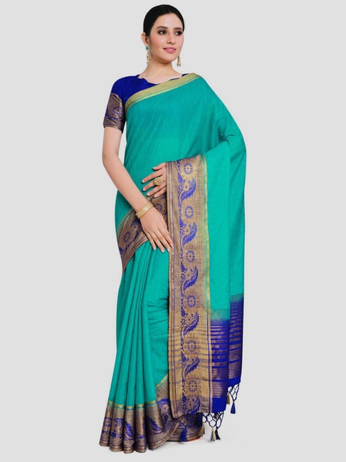 Mimosa Turquoise Linen Banarasi Saree With Unstitched Blouse Price in India