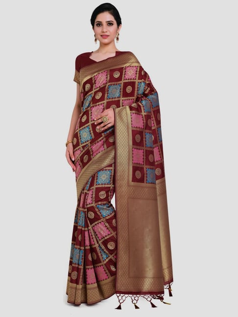 Mimosa Maroon Woven Kanchipuram Saree With Unstitched Blouse Price in India