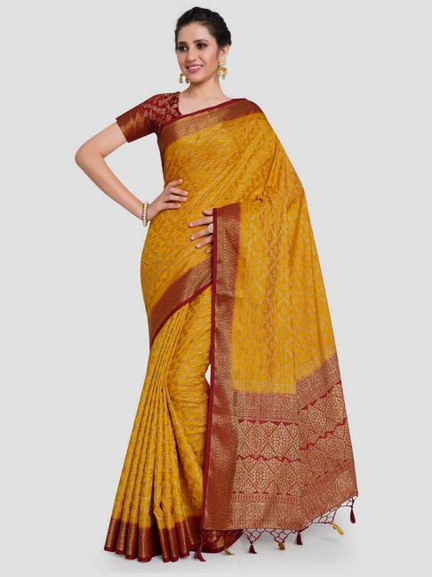 Mimosa Yellow Woven Kanchipuram Saree With Unstitched Blouse Price in India