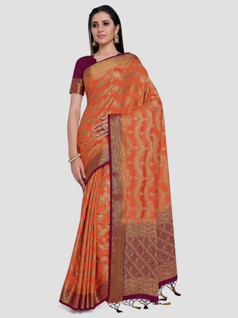 Mimosa Orange Woven Kanchipuram Saree With Unstitched Blouse Price in India