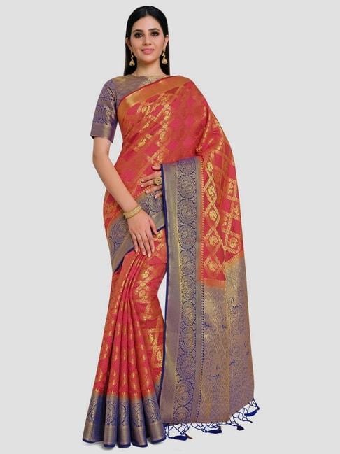 Mimosa Pink & Golden Woven Kanchipuram Saree With Unstitched Blouse Price in India