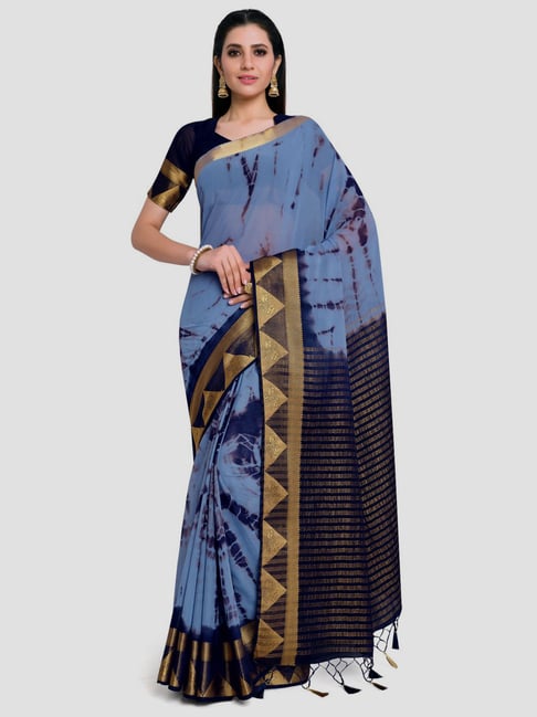 Mimosa Blue Printed Banarasi Saree With Unstitched Blouse