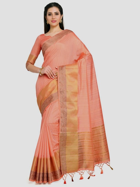Mimosa Peach Woven Kanchipuram Saree With Unstitched Blouse Price in India