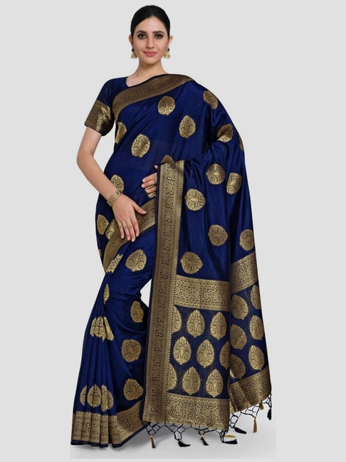 Mimosa Blue Woven Kanchipuram Saree With Unstitched Blouse