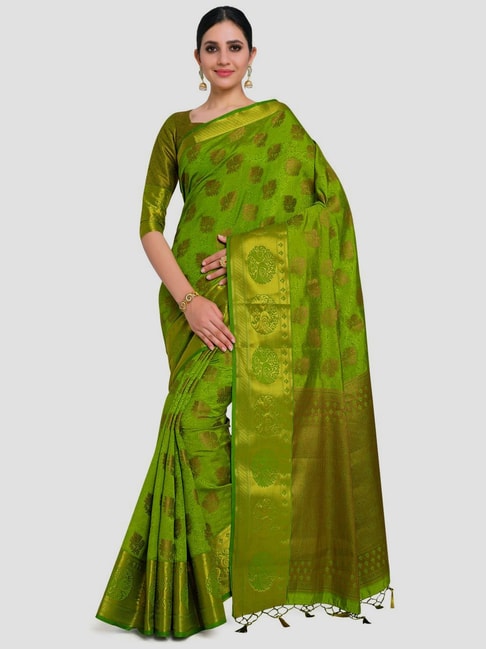 Mimosa Green Woven Kanchipuram Saree With Unstitched Blouse Price in India