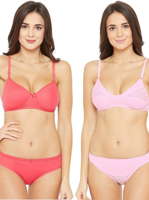 Buy N-Gal Coral & Light Pink Lace Bra & Panty Set (Pack Of 2) for
