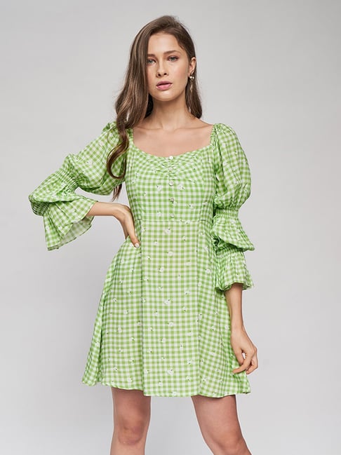AND Light Green & White Checks Dress Price in India