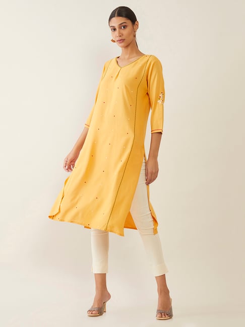 Soch Yellow Cotton Embellished Straight Kurta Price in India