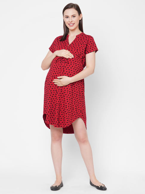 red polka dot maternity dress Fesfesfes Polka Dots Maternity Dress Short Sleeve Tie Waist Fashionable Comfortable Pregnancy Dress for Women Casual Summer Outfit(Red,L), Women's,