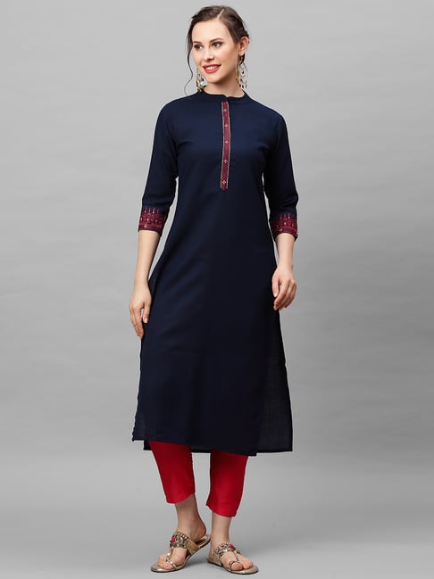 Indo Era Navy Mandarin Collar Straight Kurta Price in India