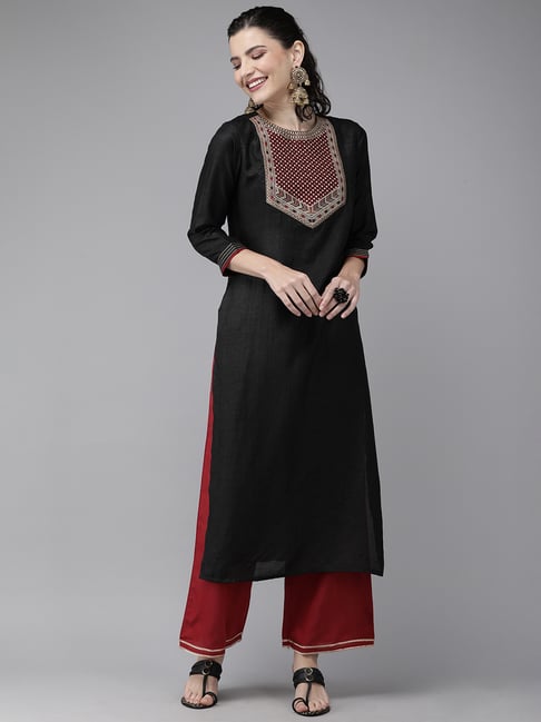 Indo Era Black Round Neck Straight Kurta Price in India