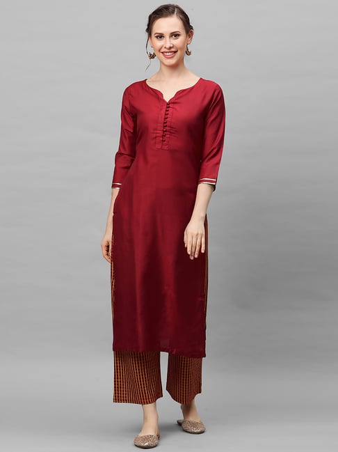 Indo Era Maroon Boat Neck Straight Kurta Price in India