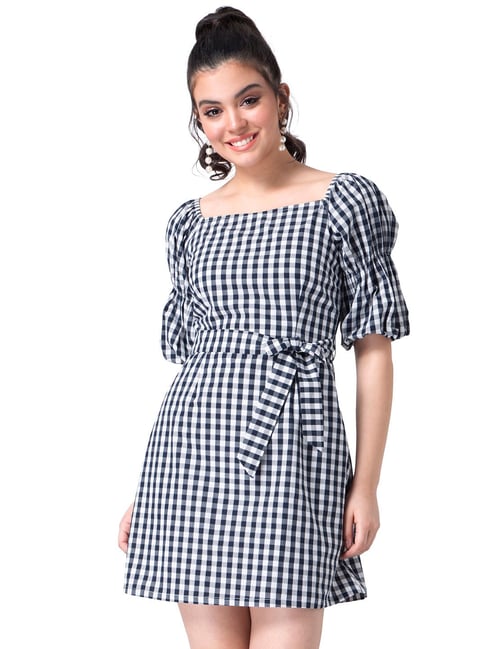 FabAlley Navy & White Checks Belted Dress Price in India