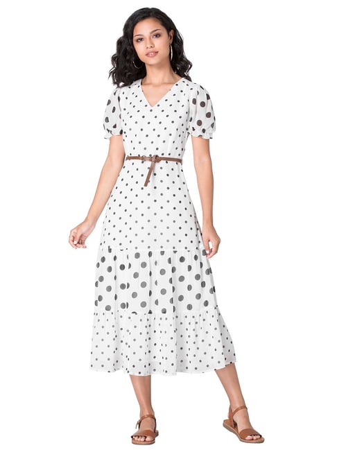 Buy FabAlley White Black Polka Dot Dress With Belt for Women