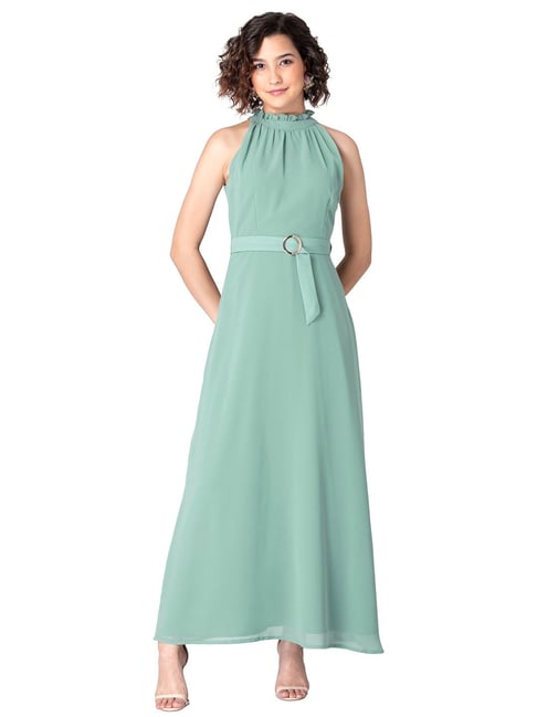 FabAlley Sea Green Regular Fit Belted Dress Price in India