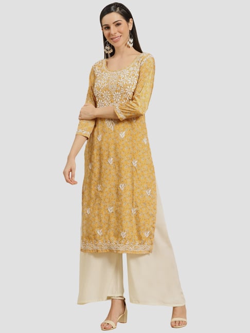 Saadgi Yellow & White Embroidered Kurta Palazzo Set Price in India