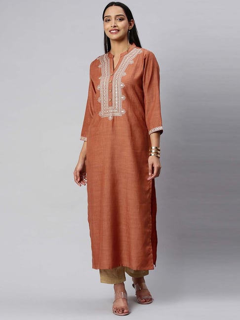 KSUT Brown Embellished Straight Kurta Price in India