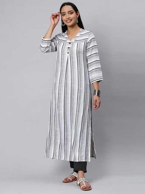 KSUT White Cotton Striped Straight Kurta Price in India