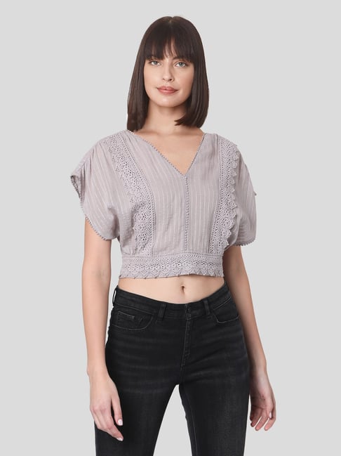 Vero Moda Grey Self Design Crop Top