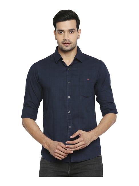 Buy Mufti Navy Cotton Slim Fit Checks Shirt for Mens Online Tata