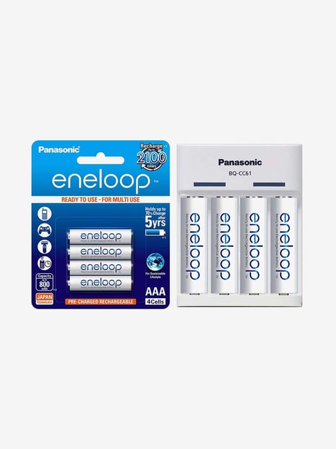 Panasonic BQ-CC61 Battery Charger with Eneloop 4 x AAA 800 mAh Batteries (White)