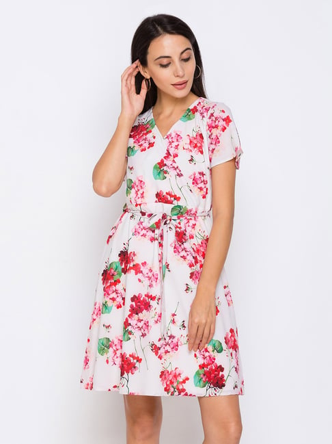 Globus White Floral Print Wrap Dress Price in India