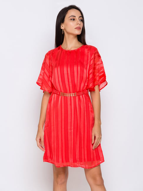 Globus Red Striped Dress With Belt Price in India
