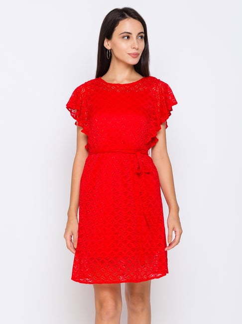 Globus Red Self Design Dress With Belt Price in India