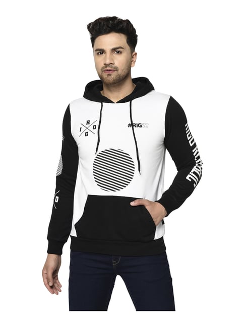 Rigo White & Black Regular Fit Colour Block Hooded Sweatshirt-picture-35