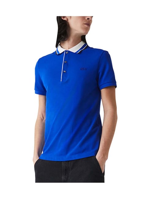 Lacoste Blue Cotton Pique Striped Slim Fit Polo T-Shirt