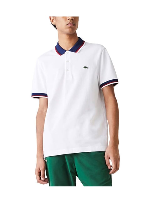 Lacoste White Stretch Cotton Striped Regular Fit Polo T-Shirt-LACOSTE-Clothing-TATA CLIQ