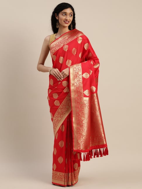 Vastranand Red Zari Work Saree With Unstitched Blouse Price in India